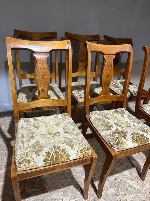 Set 6 Scaune Vintage din lemn Stil Biedermeier; Scaun cu sezut tapitat