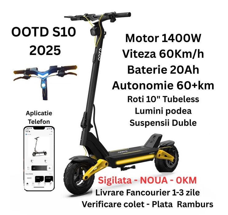 Sigilata Noua‼️OOTD S10 - 2025‼️1400W, 60Km/h Baterie 20Ah +Bluetooth