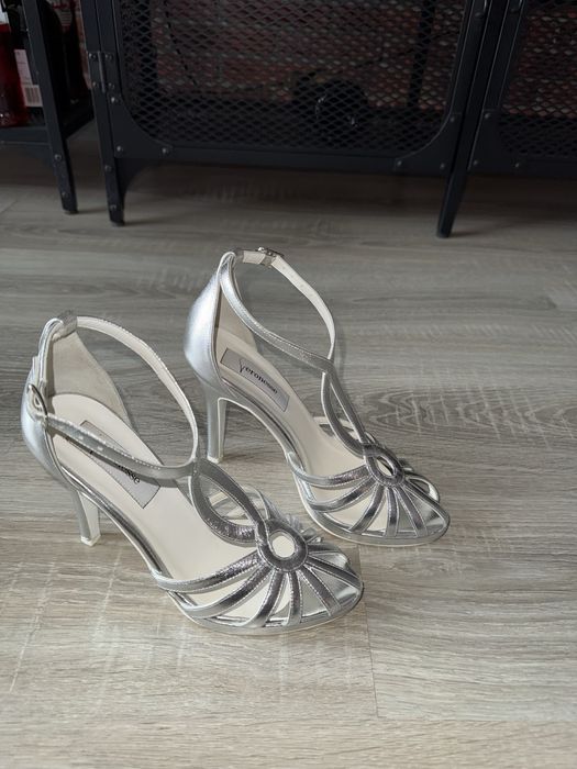 Sandale cu toc, piele naturala argintie, Veronesse, 36