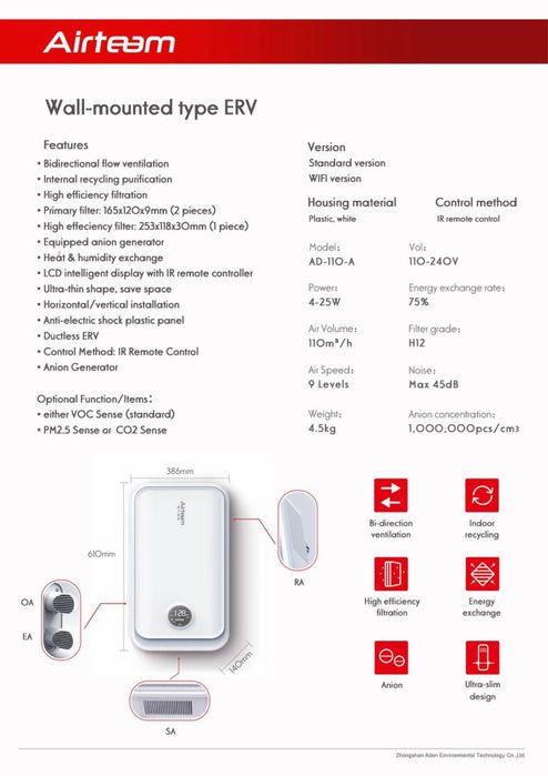 Рекуператор AirteAM AD 110-A-CO2, PM2.5