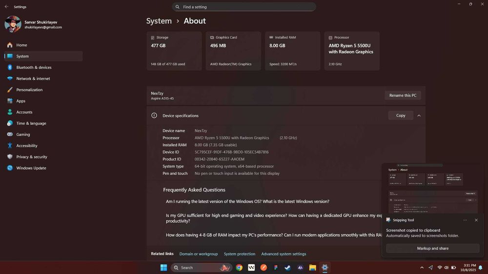 Acer aspire 5 Ryzen 5 / 8GB / 512GB SSD