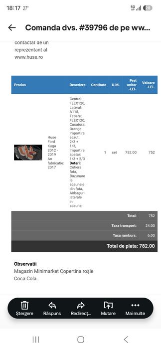 Huse dedicate Ford Kuga 2 făcute pe comandă  pe  Huse.Ro  din material premium gros, plăcut la atingere,,cusături portocalii, noi   Pret fix 400 lei!