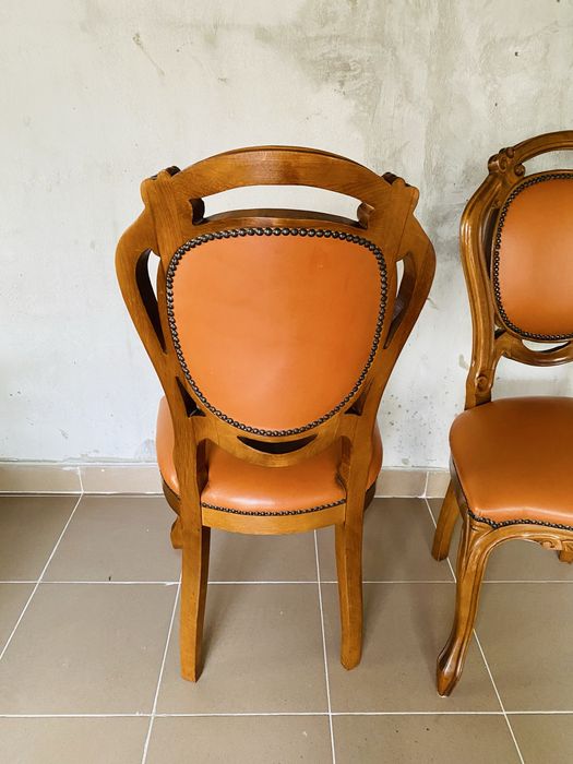 Set 2 Scaune Vintage Lemn Masiv Piele Sculpturi