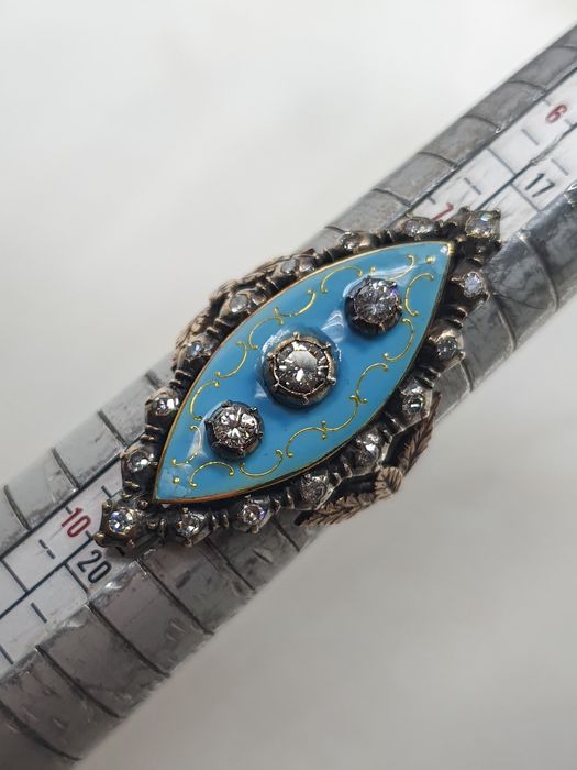 Inel Marquise antic din aur de 14K și argint cu diamante naturale și email turcoaz – mărimea 58 – 8,76 g