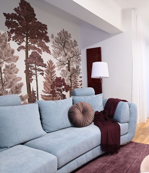 Canapea albastra fixa cu 2 fotolii