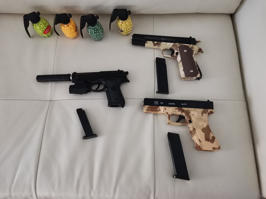 Pistol cu bile Glock 18, Eagle sau Colt Airsoft Propulsie Arc cu bile plastic 500buc