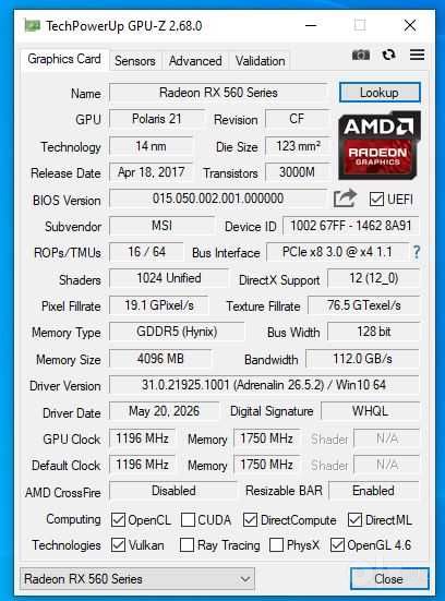 Видеокарта MSI Radeon RX560 4Gb