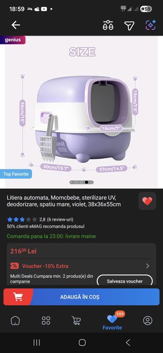 Litieră pisici  închisă Momcbebe cu sterilizare UV - Stare excelentă