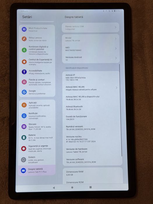 Tabletă Lenovo Tab P11 Plus (TB-J616X) – 128GB, 6GB RAM, 4G/SIM, Husă și Folie sticlã