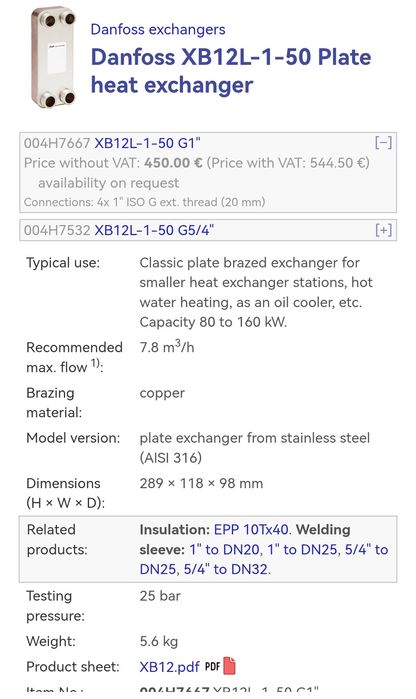 Schimbator de căldură brazat din inox Danfoss  apa termală calda