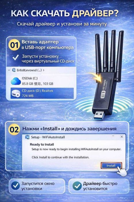 Акция!!USB WiFi адаптер 5G (2.4/5 GHz). Скорость до 1300 Мбит/с.