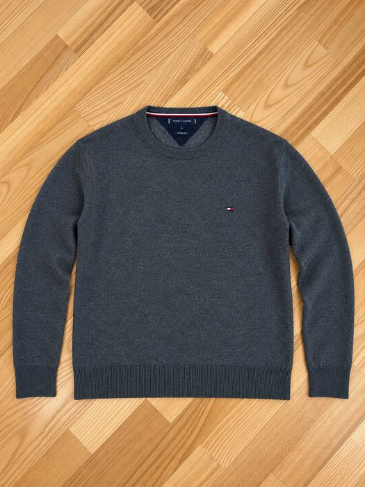 Pulover Tommy Hilfiger bărbați din bumbac și mătase, gri antracit, Mărimea L