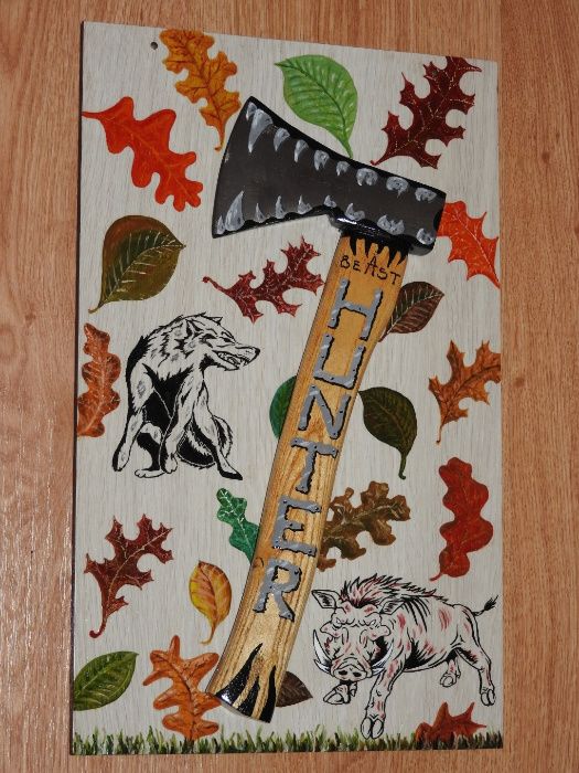картина, брадва, глиган и вълк ,подарък за ловджии
