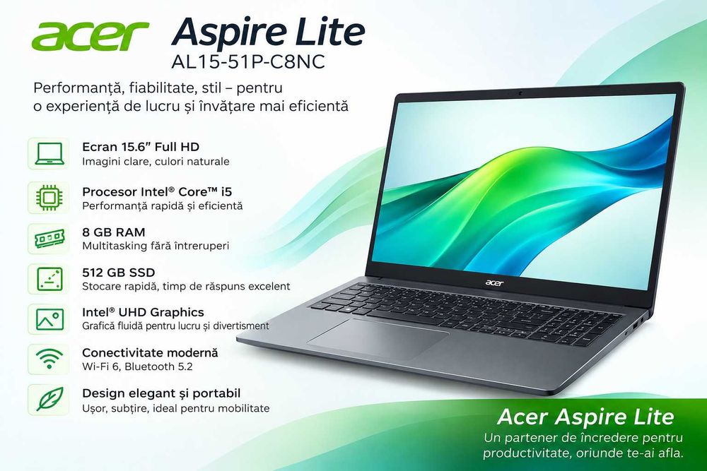 Laptop Acer Aspire Lite AL15‑51P‑C8NC – NOU, SIGILAT + accesorii