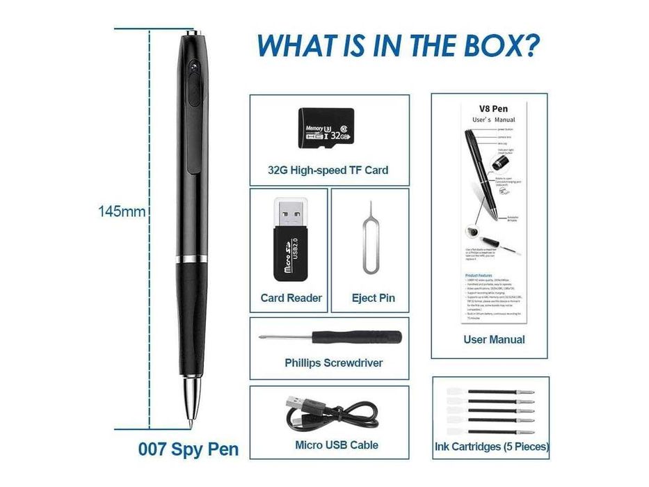 Писалка шпионска камера + 32G TF карта памет
