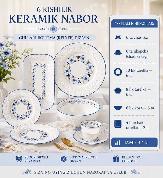 Keramik idishlar nabori 6 kishilik Posuda nabor 32 talik burtma gulli