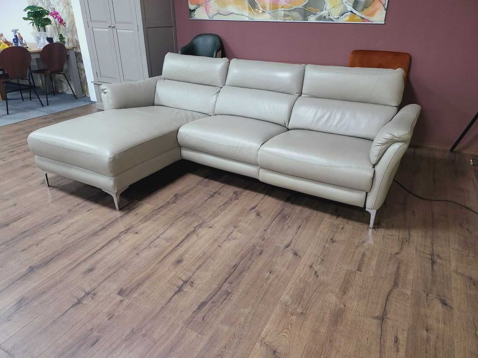 Сив кожен ъглов диван с електрически релакс механизъм