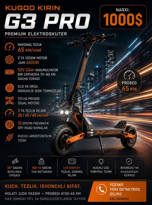 KUGOO KIRIN G3 PRO — kuchli premium elektro samokat


 Holati juda yax