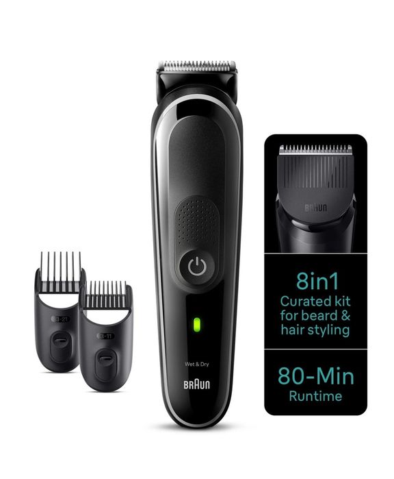 Мултифункционален тример Braun MGK3441, Wet&Dry, 8 в 1, 5 гребена, Автономност 80 минути, Торбичка за транспортиране, Черен
