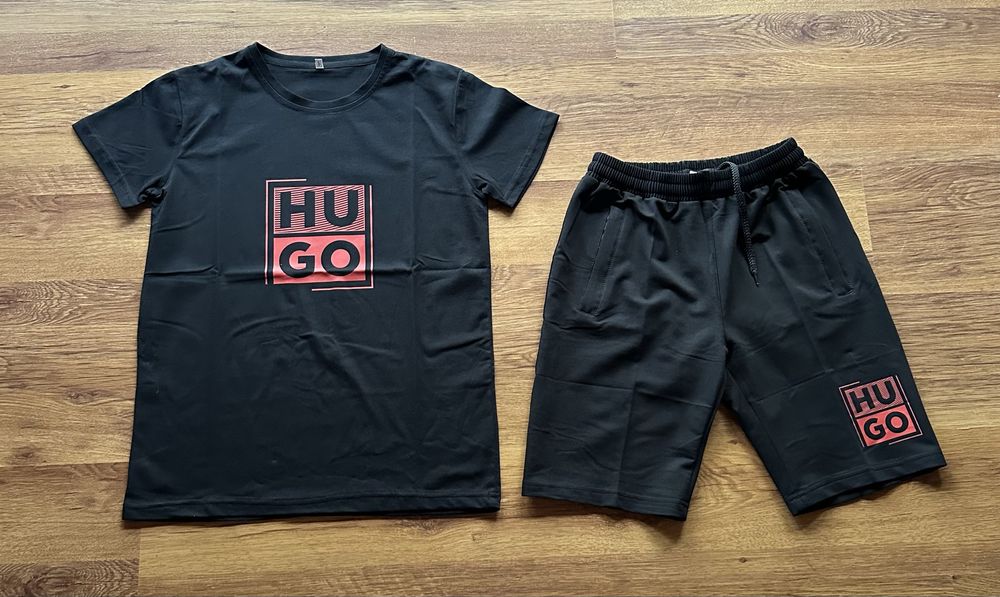 Мъжки,памучен,черен къс комплект Hugo BOSS с червено лого и ципове на джобовете