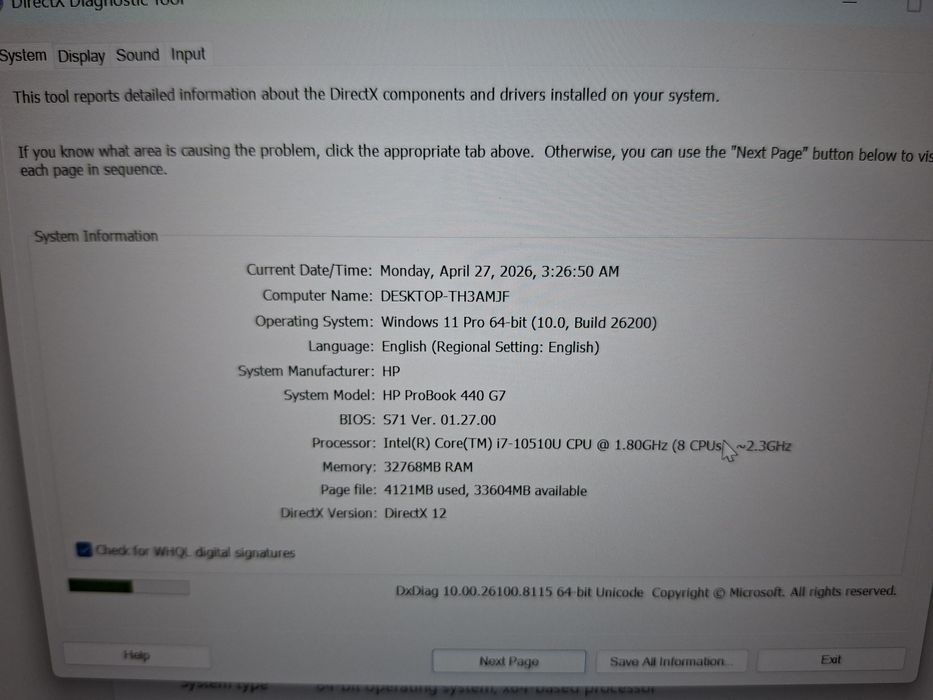 Laptop HP G7 440 Probook CPU i7 10510U  32 gb Ram  SSD 512 gb