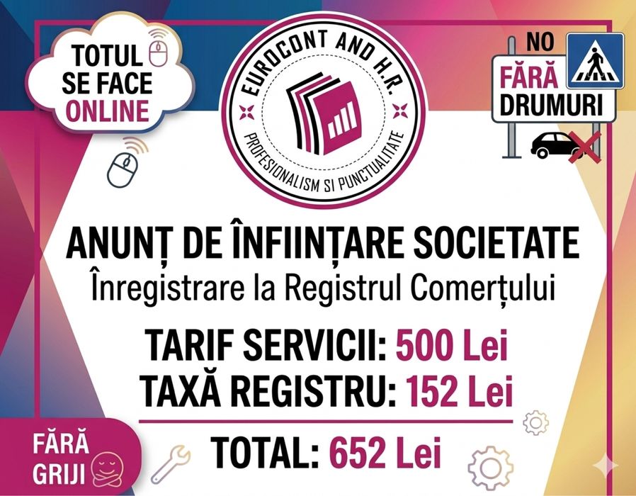 Infiintari/deschidere firme/SRL/PFA-online-500 lei,fara drumuri
