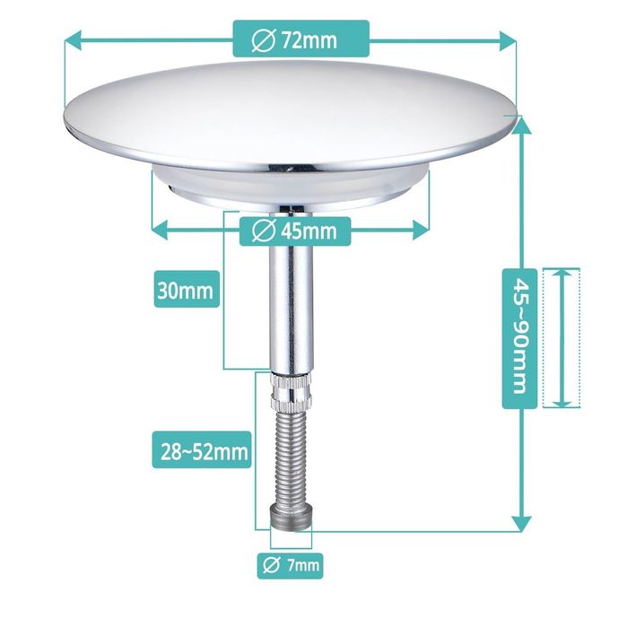 Dop Universal Cadă 72 mm Crom Reglabil cu Dublă Etanșare*