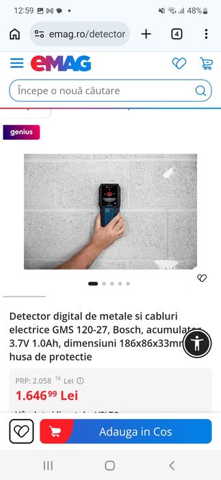 Detector digital de metale si cabluri electrice GMS 120-27, Bosch, acumulator 3.7V 1.0Ah, dimensiuni 186x86x33mm, cu husa de protectie