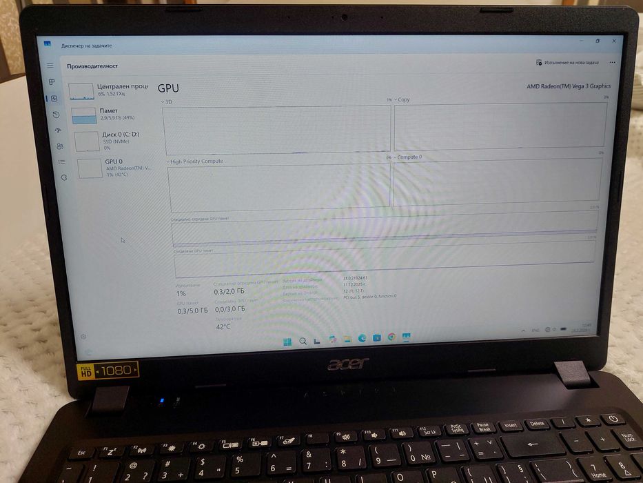 Лаптоп Acer A315-42, Ryzen 3 3200U, Radeon Vega 2GB, 8GB RAM,256GB SSD