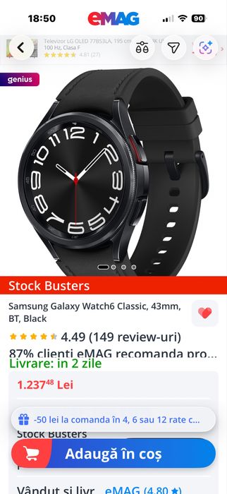 Samsung Galaxy Watch 6 Classic, 43mm LTE, black, NOU, sigilat! Cu factura/garantie 2 ani.