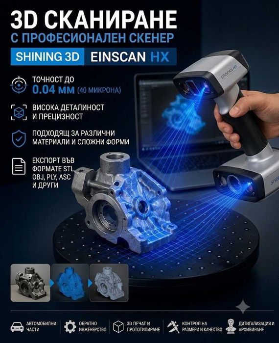 3D сканиране с професионален скенер EinScan HX | Точност до 0.04 мм