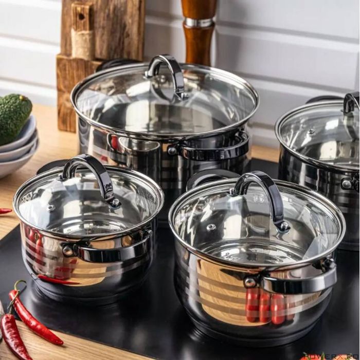 Set 4 oale, din inox, cu capac, manere negre,16/18/20/24cm, Klausberg