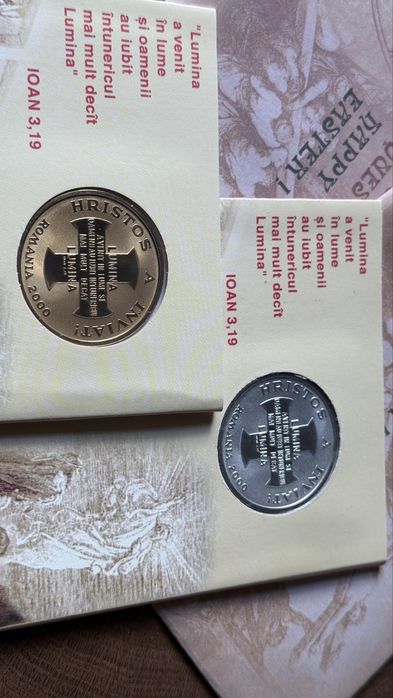 Monetaria statului set 2 monede Pastele 2000 (argint si tombac)