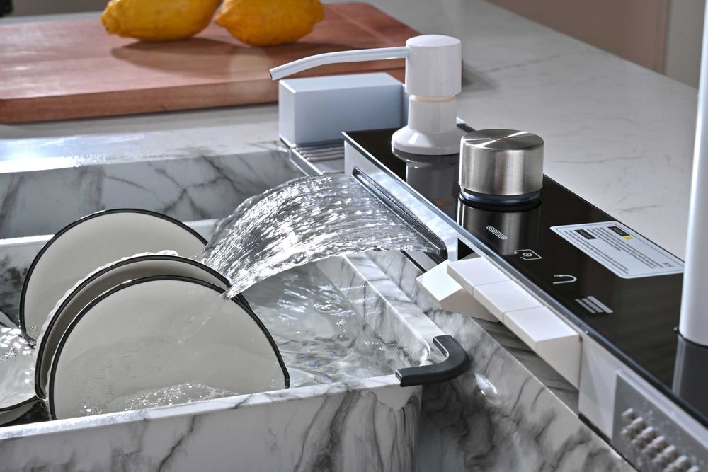 Бял мрамор - Мултифункционална кухненска мивка с двоен водопад