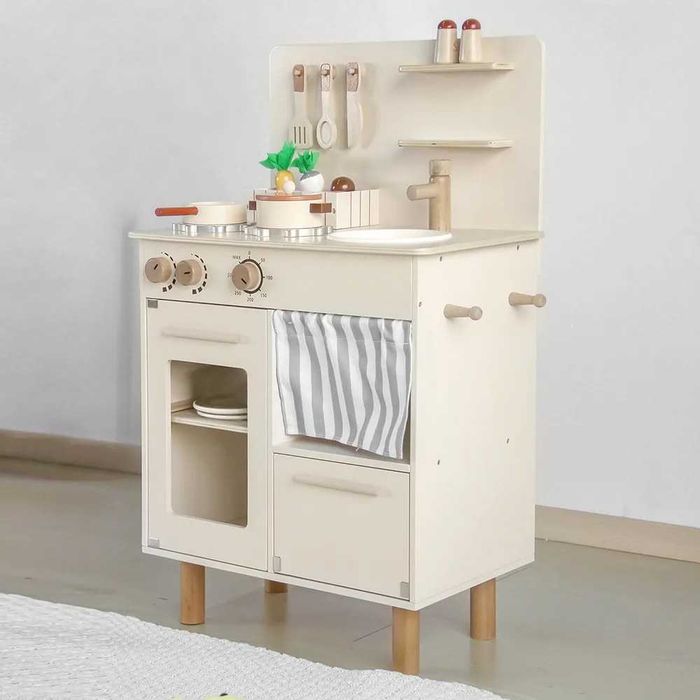 Детска дървена кухня Монтесори с 10 аксесоара, дървена кухня за игра, играчка за деца
