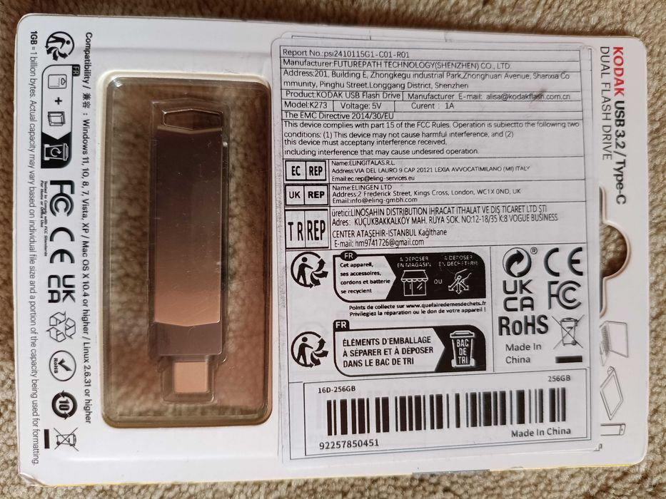 Stick KODAK K273 256 GB, Dual Type USB 3.2 METALIC - NOU / SIGILAT