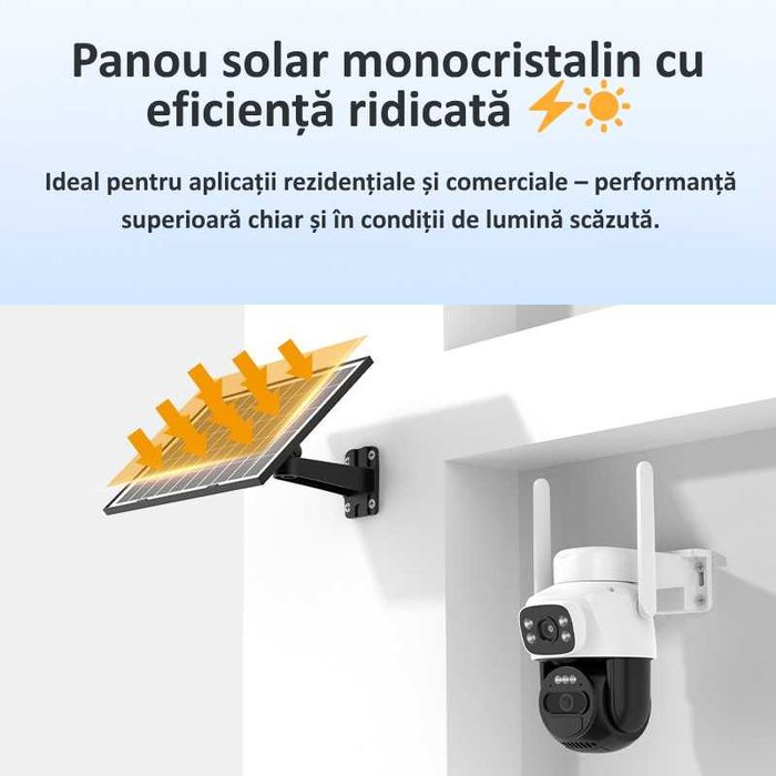 Cameră Supraveghere Duală WiFi cu 2 Lentile 6MP,Panou Solar 8W, 6000mA