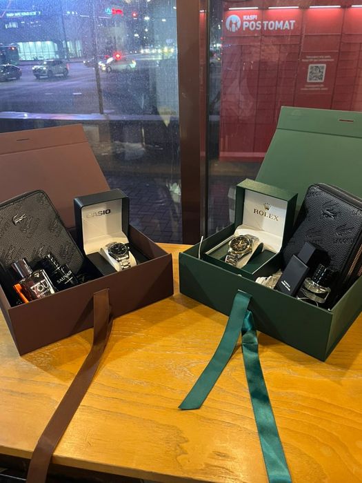 Мужской подарочный набор: часы Casio + барсетка Lacoste + парфюм