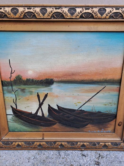 tablou vechi pictura pe carton gros 43/40 cm semnat