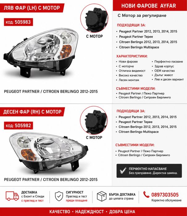 Фарове Peugeot Partner / Citroen Berlingo 2012-2015 с мотор – ляв и десен фар AYFAR