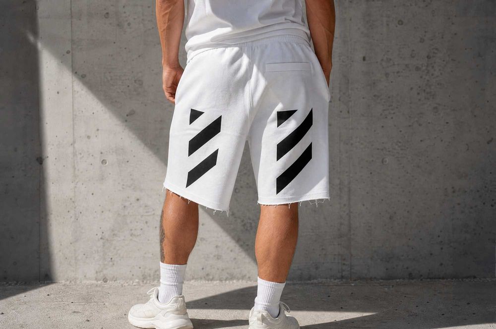 Мъжки къси спортни панталони Off-White c/o Virgil Abloh „Mona Lisa" — бели, regular fit, син Mona Lisa принт + черни Diagonals — S L