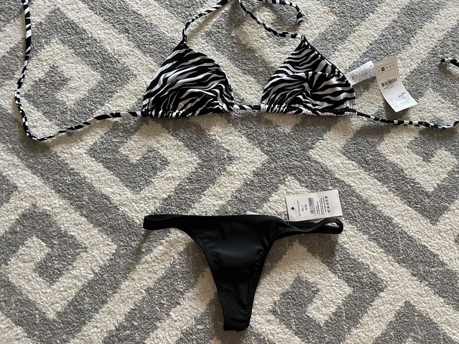 Costum baie slip tanga rosu 38 sau negru 36, sutien negru triunghi 36
