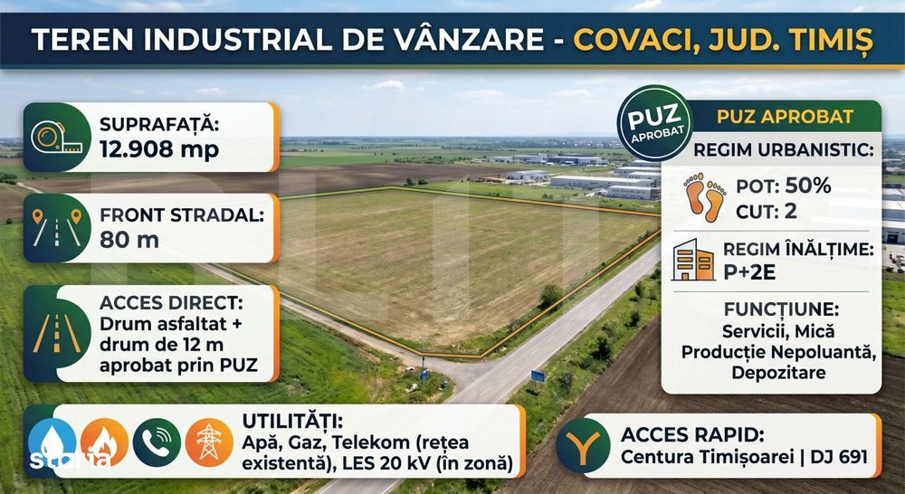 Teren industrial, 12.908 mp, PUZ aprobat, hale-depozitare, front 80m,