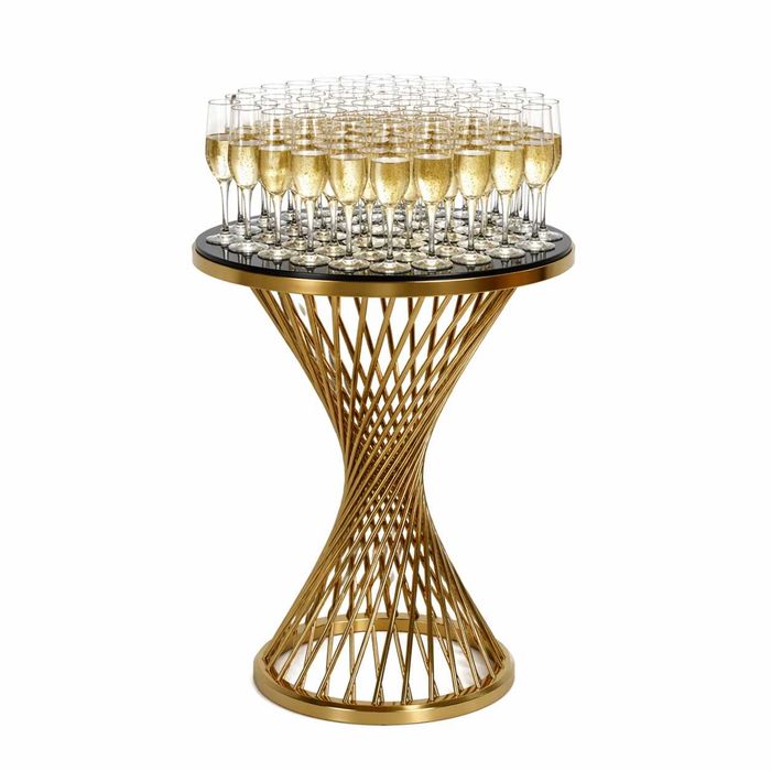 Masă cocktail bar premium spiral auriu, blat sticlă, șampanie și evenimente luxury
