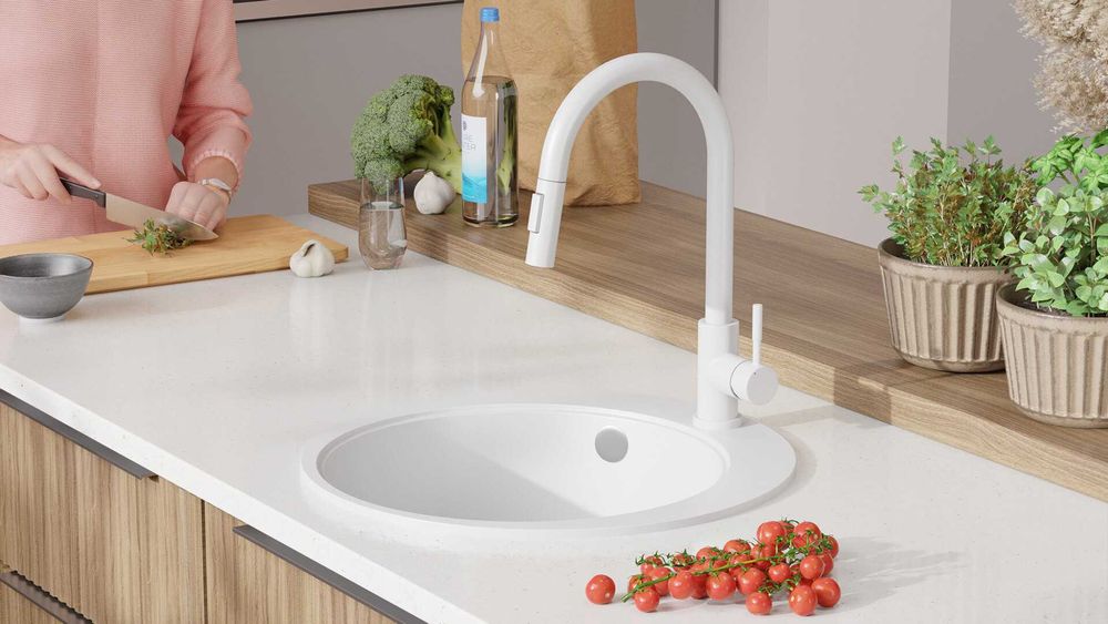 Бяла кръгла кухненска мивка от гранит Пиза 45 Top 500 x 500 мм