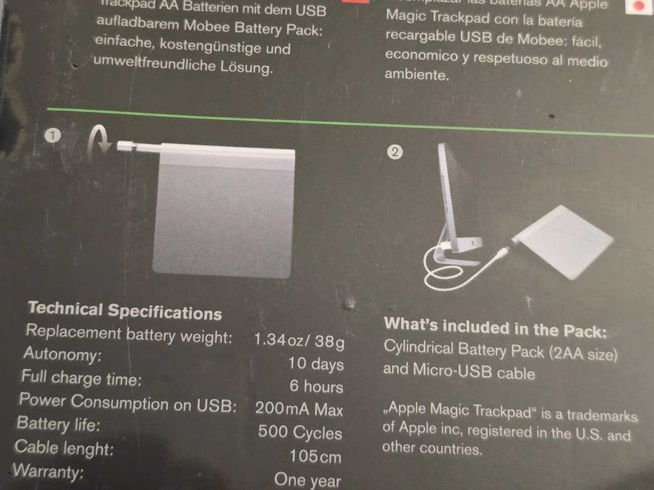 Baterie externa reincarcabila USB Mobee The Power Bar pentru Apple Magic Trackpad, Aluminiu