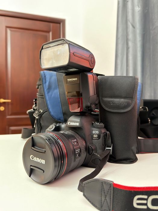 Canon EOS 6D Mark II + Canon EF 24-70mm f/4L IS USM + Blitz Yongnuo + Geantă – kit complet