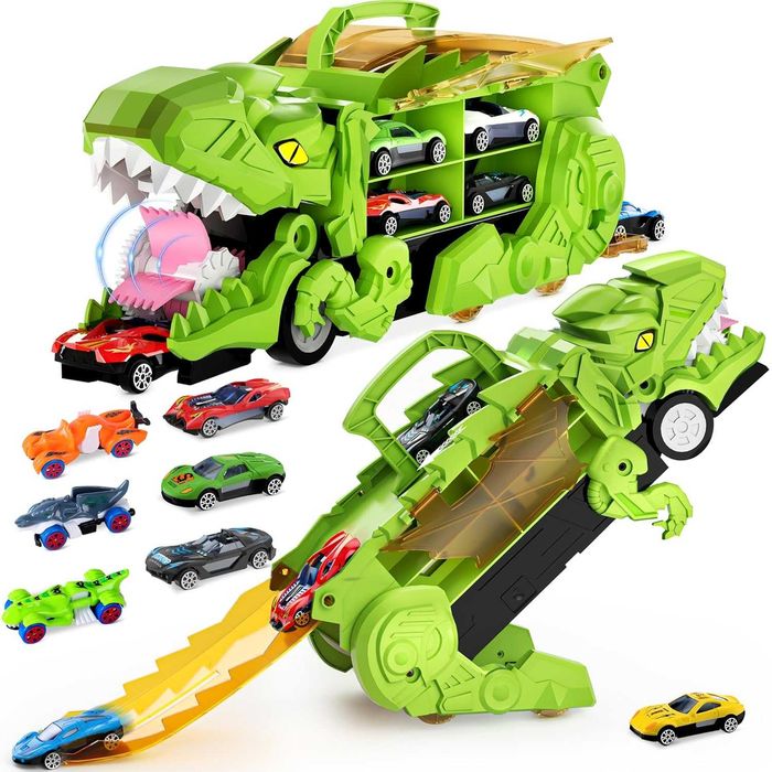 DinoMax–Camionul care Inghite Masini, 8 Masinute, Pista de Lansare,