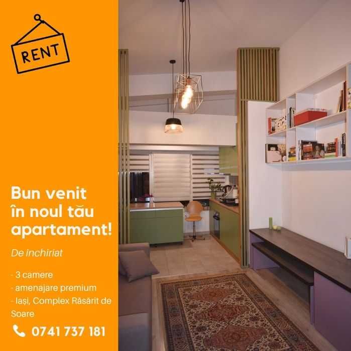 Închiriez/ de inchiriat apartament 3 camere PREMIUM Iasi, în Complex rezidențial „Răsărit de soare” (Păcurari, zona Alpha Bank)