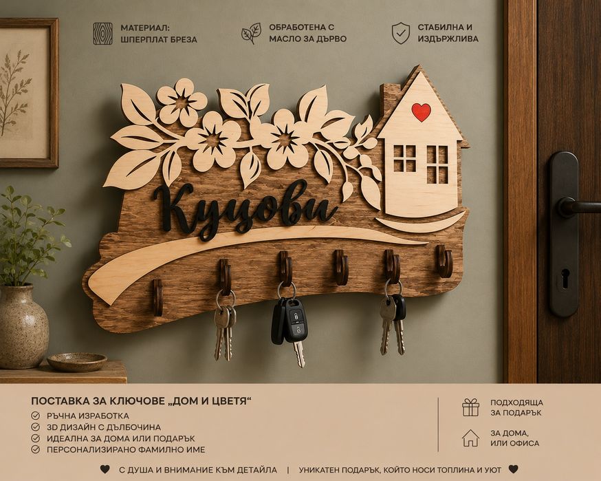 Дървена персонална закачалка за ключове